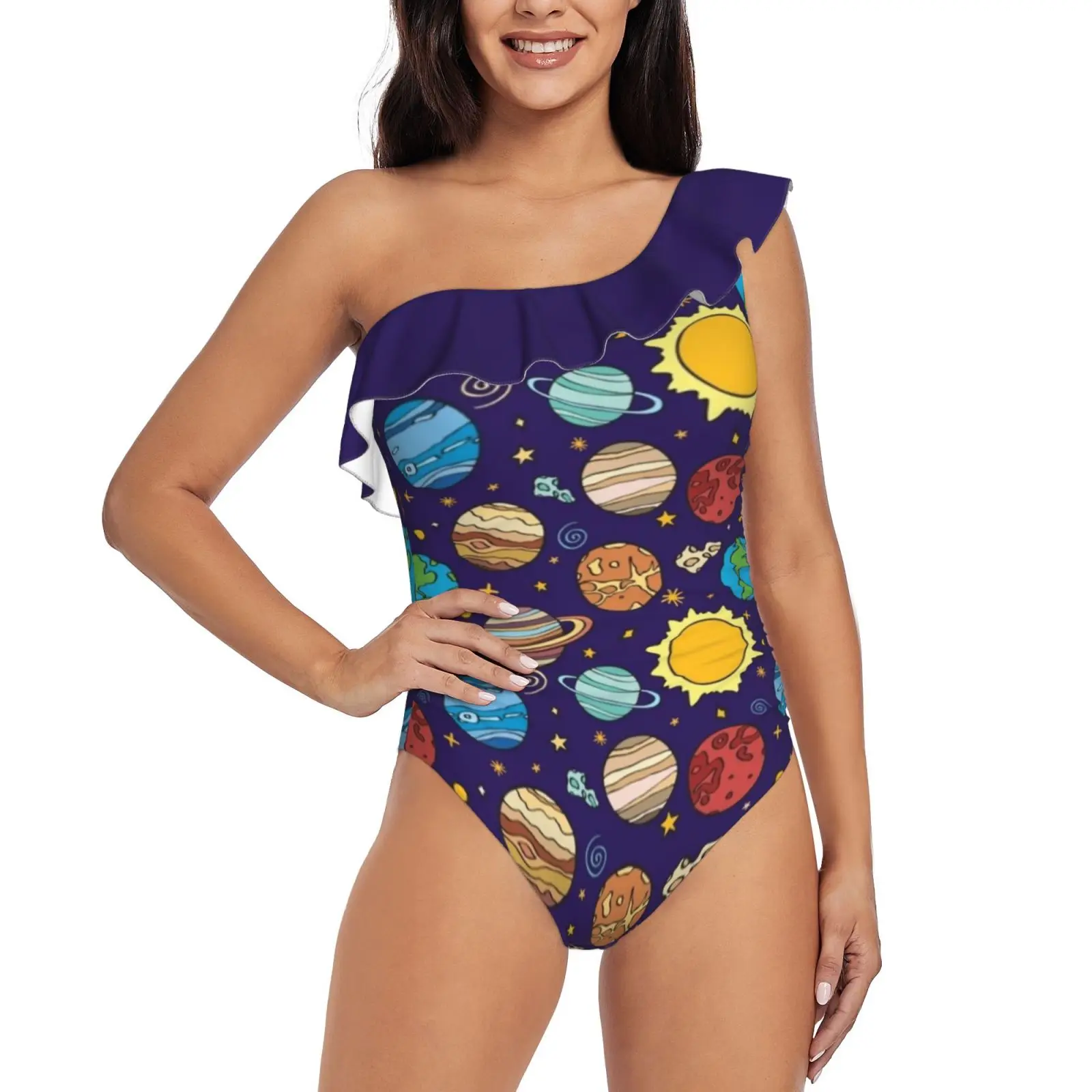 

Solar System One Shoulder Ruffle Swimsuit One Piece Print Swimwear Women Bathing Suit Monokini Solar System Vector Planet