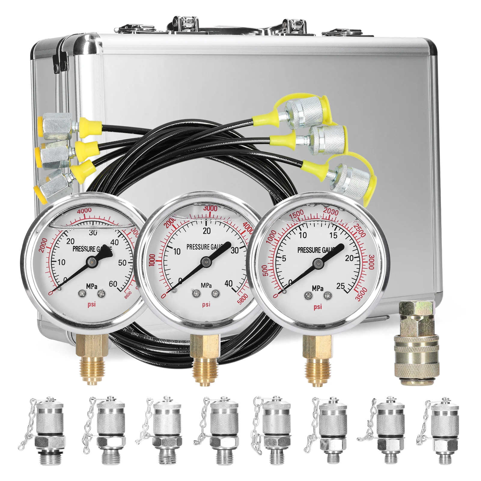Hydraulic Pressure Gauge Kit Excavator Hydraulic Pressure Meauring Device with 9 Couplings 3 Pressure Gauges 3 Test Hose