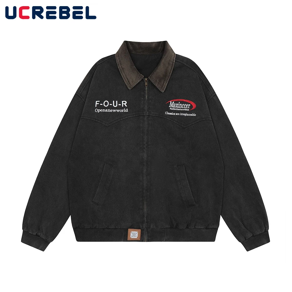 

High Street Letter Embroidery Denim Jacket Mens Autumn Casual Long Sleeve Lapel Contrast Outerwear Men