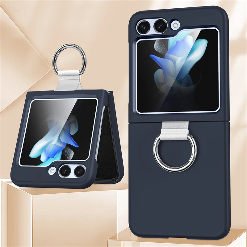 Solid Color Folding Case with Finger Ring Buckle - Shockproof Matte Clear Cover