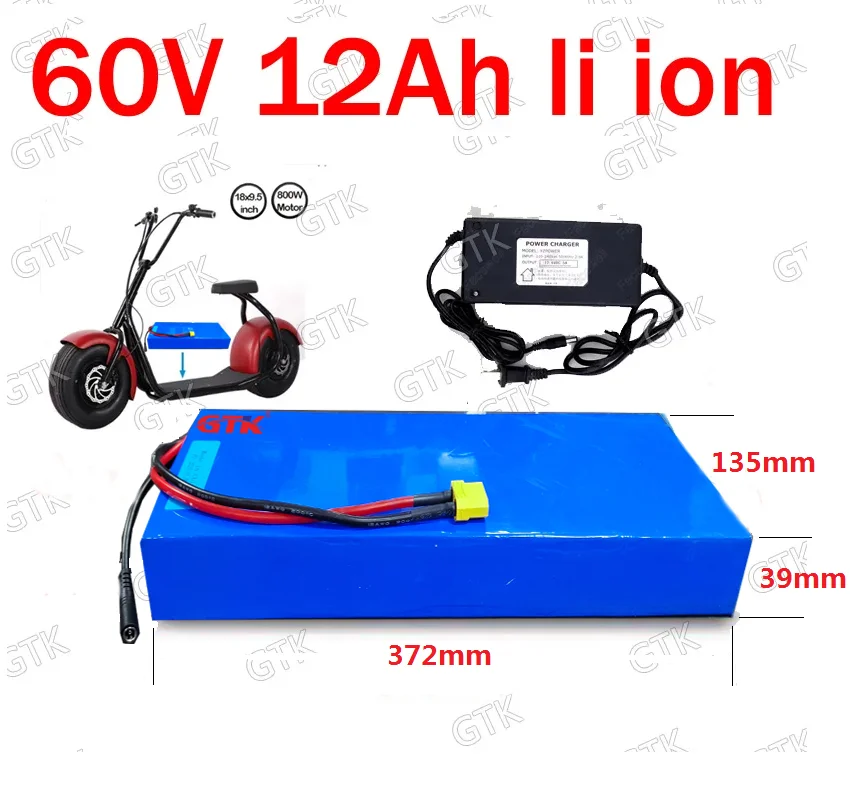 Gtk 60V 12Ah 12A Not 10Ah 10A 15Ah 15A lithium ion battery pack city coco 350w 500W 750W citycoco batteries with 3A charger 1