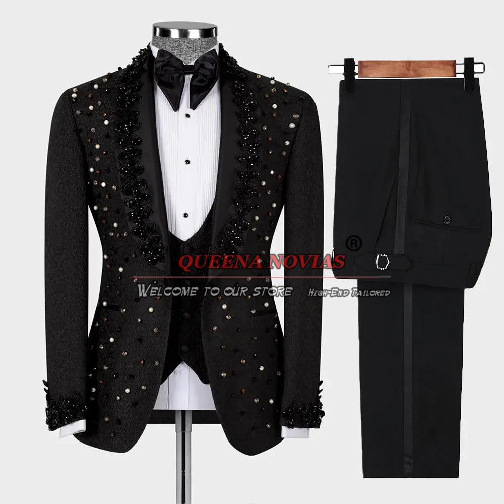 Formal Boys' Attire For Wedding Black Floral Blazer Pants 2 Pieces Children Birthday Party Clothing Colorful Stone Beads Jacket images - 6