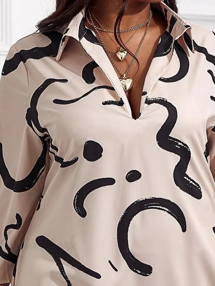 Plus Size Graffiti Print Loose Dress Casual Collared Long Sleeve Dress For Spring & Summer Women's Plus Size Clothing 2024 New
