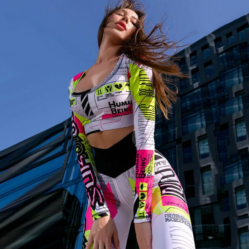 Krismile Women Fashion Color-Block Letter Print Long Sleeve Tops & Skinny Pants Suits Spring Summer Sportswear Sports Set