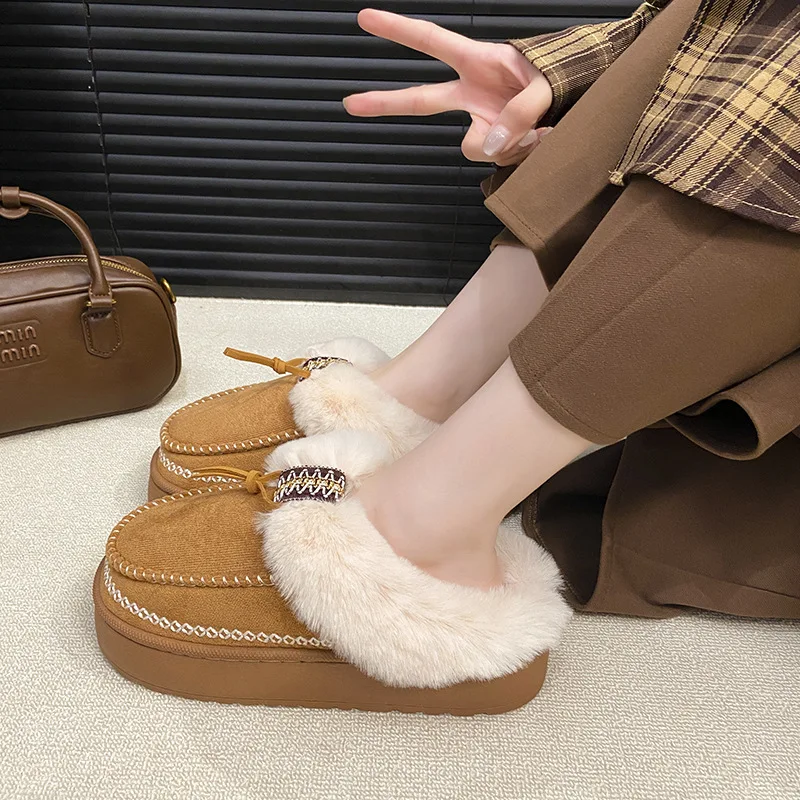 Women's Winter Thick Bottom Anti-slip Fleece Lined Full Cover Heel Cotton Slippers Warm Plush Snow Boots New 2025 Model
