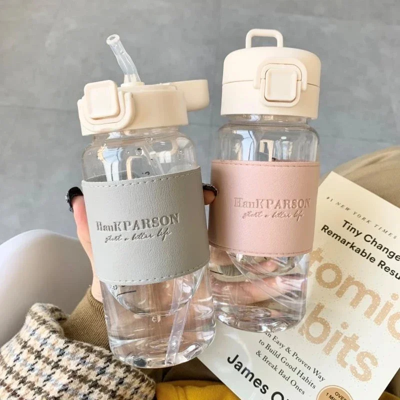 1Pc Creative Water Bottle with Straw Portable Cute Plastic Drinking Bottle with Leather Leak-proof Drinkware Milk Coffee Glass