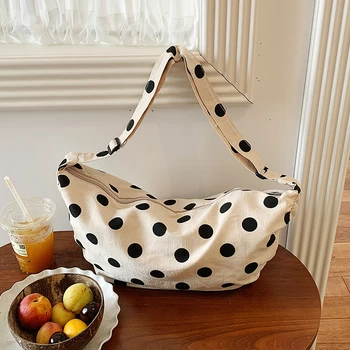 Borsa a Tracolla in Tela a Pois per Donna, Borsa Casual di Grande Capacità, Borsa Vintage con Stampa a Pois, Borse a Spalla per Shopping