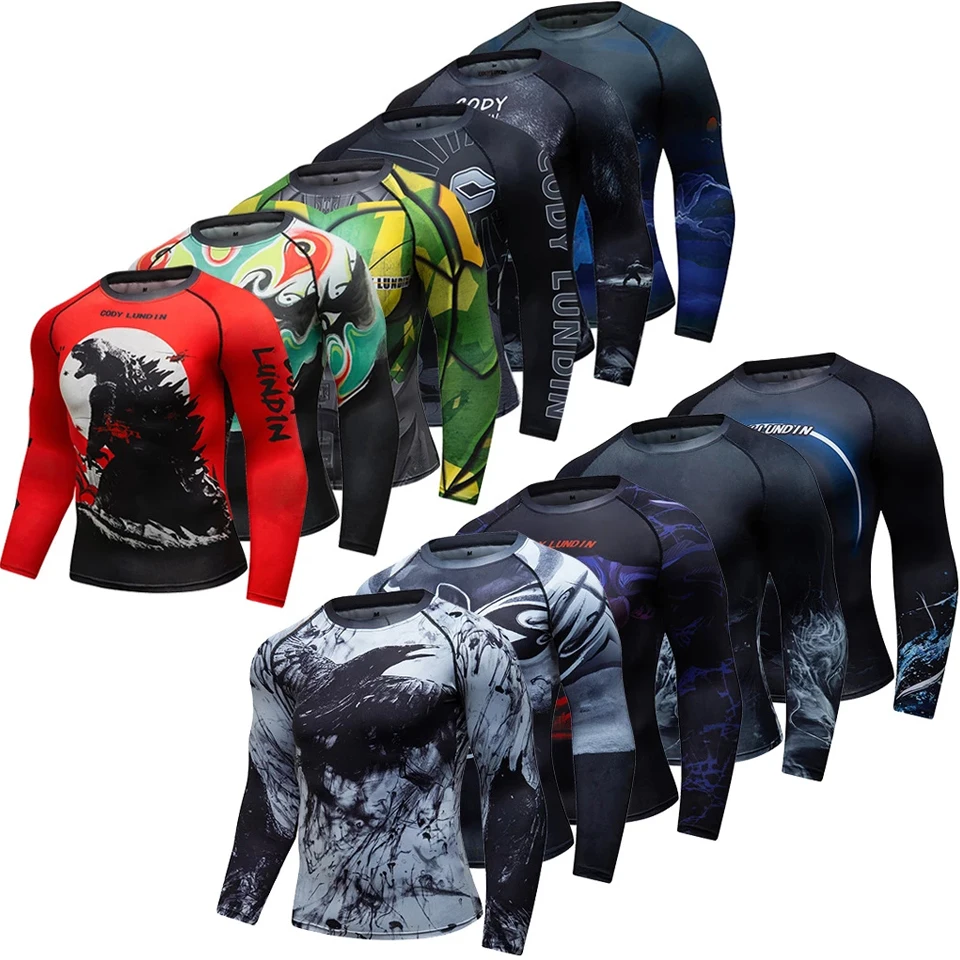Mens BJJ MMA Rash Guard T-shirt Fitness Sport Compression T-shirts Boxing Jerseys Gym High-elasticity Workout T Shirts