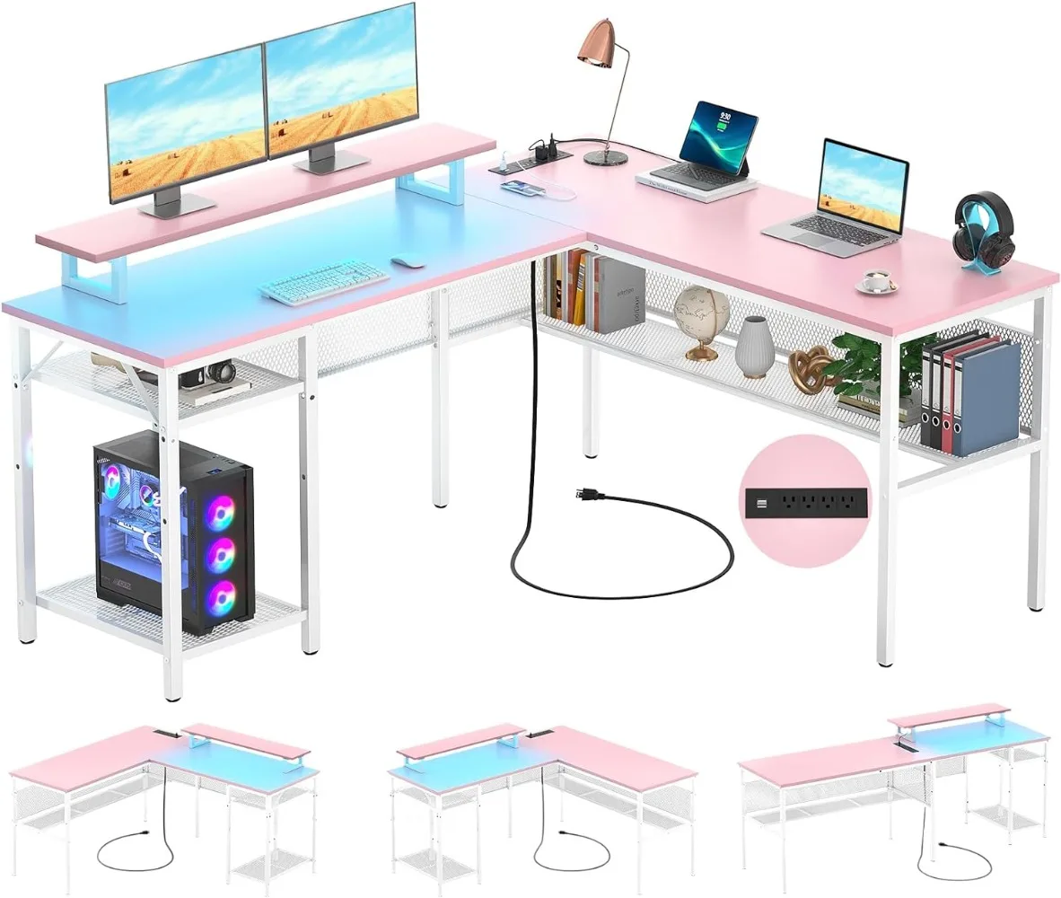 

Unikito Reversible L Shaped Desk with Power Outlets and Smart LED Light, 55 Inch Computer Office Desk, Unique Grid Design