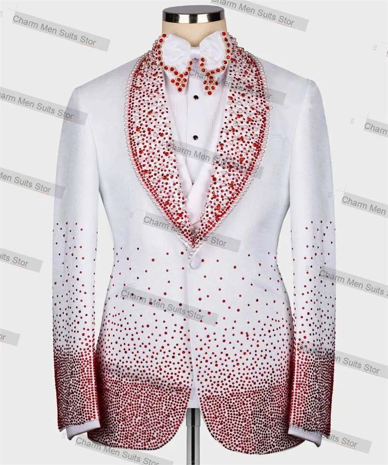 

White Beaded Men Suits Set 2 Piece Blazer+Pants Custom Made Groom Wedding Tuxedo Jacket Office Business Coat Trousers Tailored
