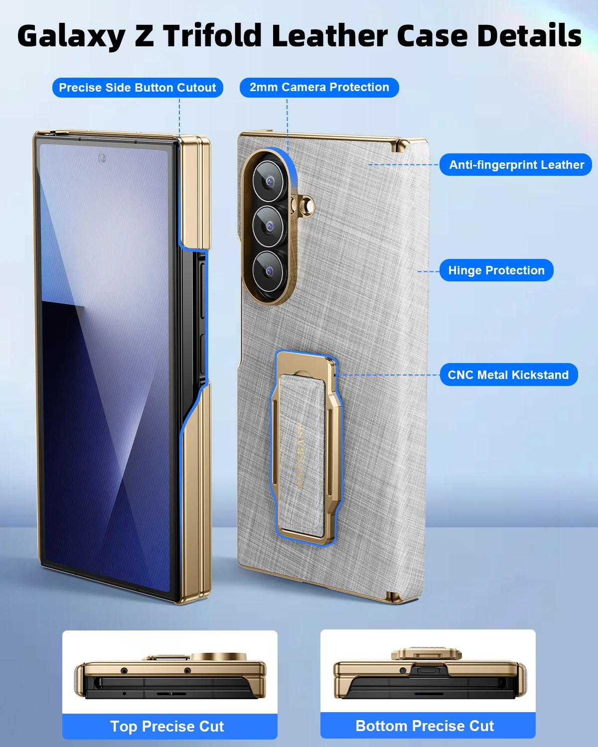 Eary TriFold Phone Case with 360° Rotate Magnetic Grip and Leather Kickstand
