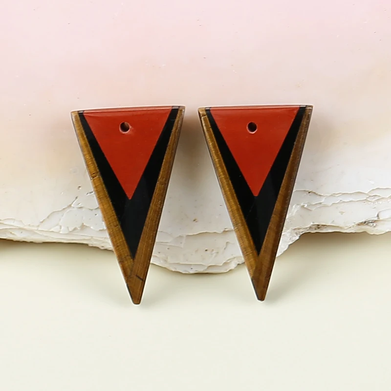 Natural Stone Red River Jasper,Obsidian,Tiger-Eye Triangle Intarsia Gemstone Earrings Bead Accessories,26x15x4mm,4.2g
