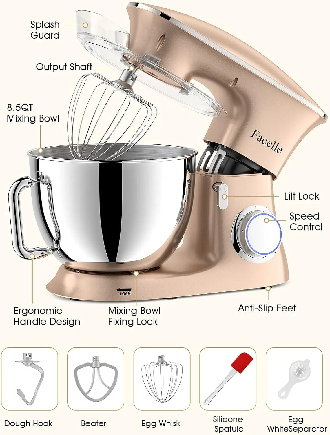 Kitchen Electric Stand Mixer, Facelle Cake Mixer for Baking 6-Speed 660W Tilt-Head Food Mixer with Beater, Dough Hook and Wire W 3