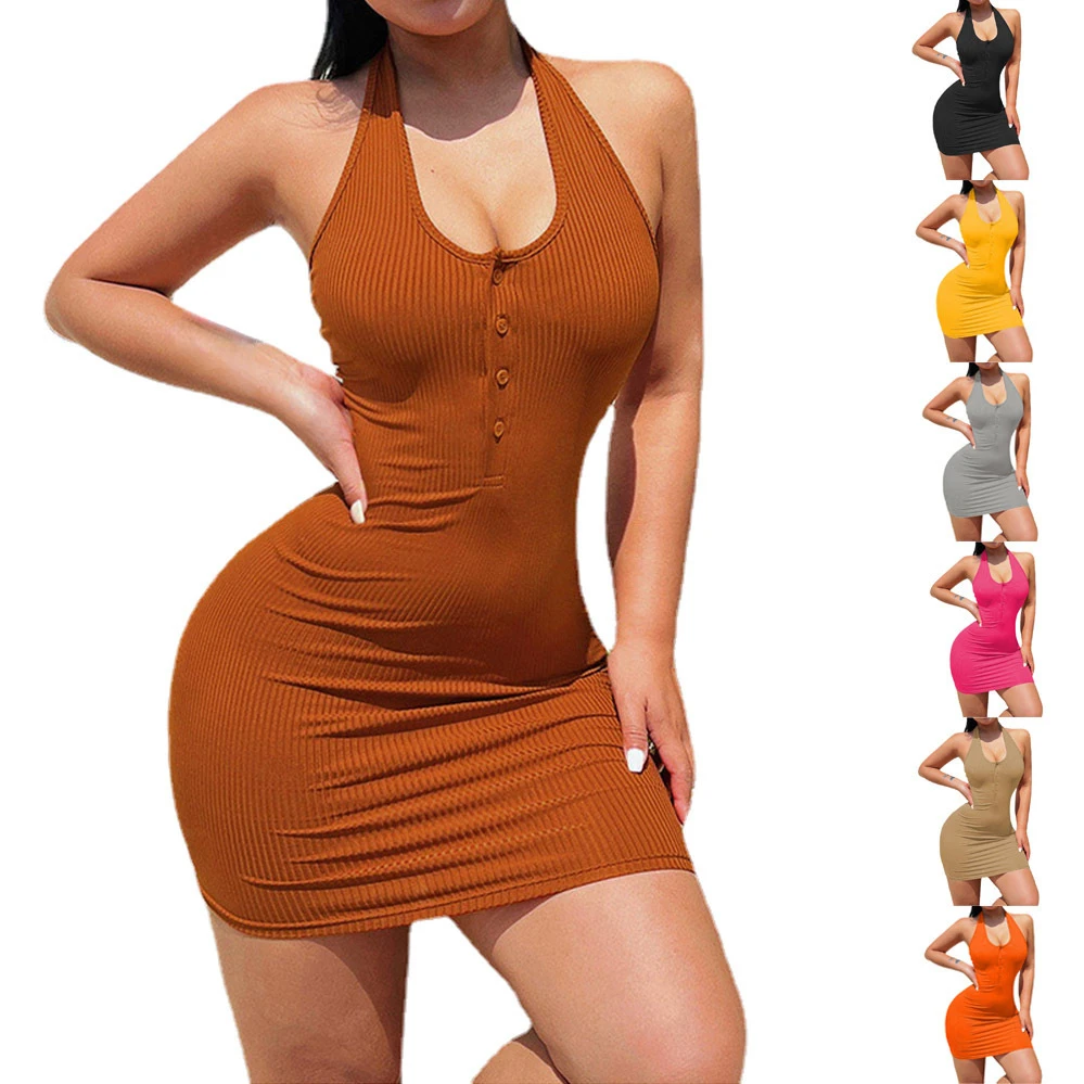 

2023 Spring and Summer Simple Sexy Fashion Bag Hip Skirt Temperament Slim Button Halter Dress