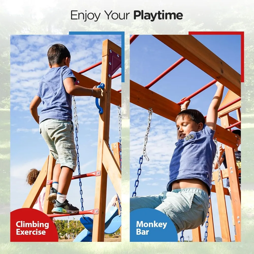 Dolphin Playground Cedar Wooden Swing Sets, Outdoor Playset ,  Wave Slide, Climbing Wall, and 2 Belt Swings, Playground Sets 5