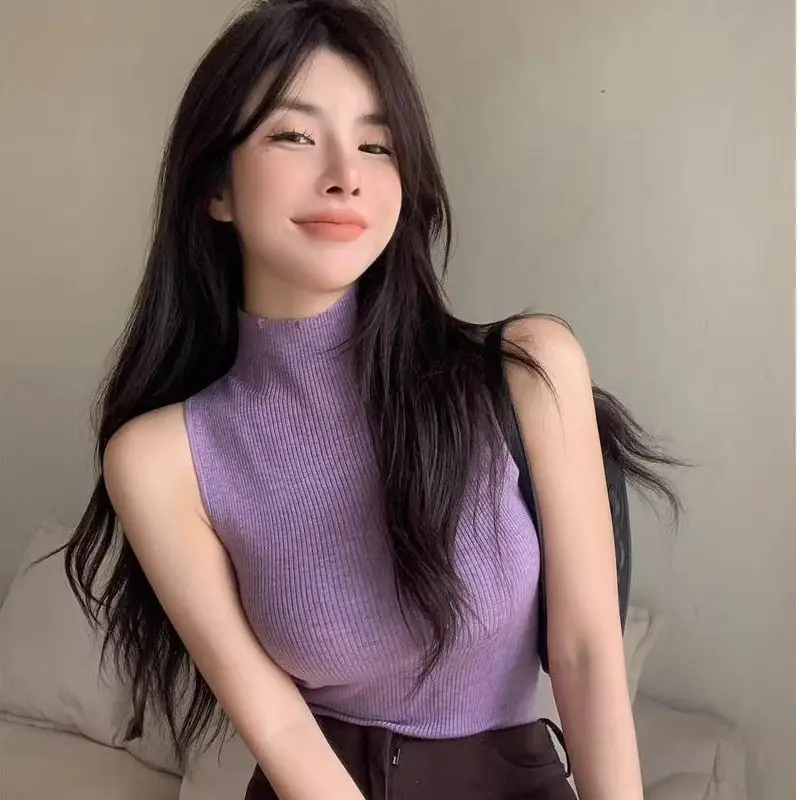 Mode Rippen Gestrickte Sexy Tops Rollkragen Sommer Grundlegende Shirts Dünne Dünne Lila Casual Ärmellose Weste frauen Tank Top