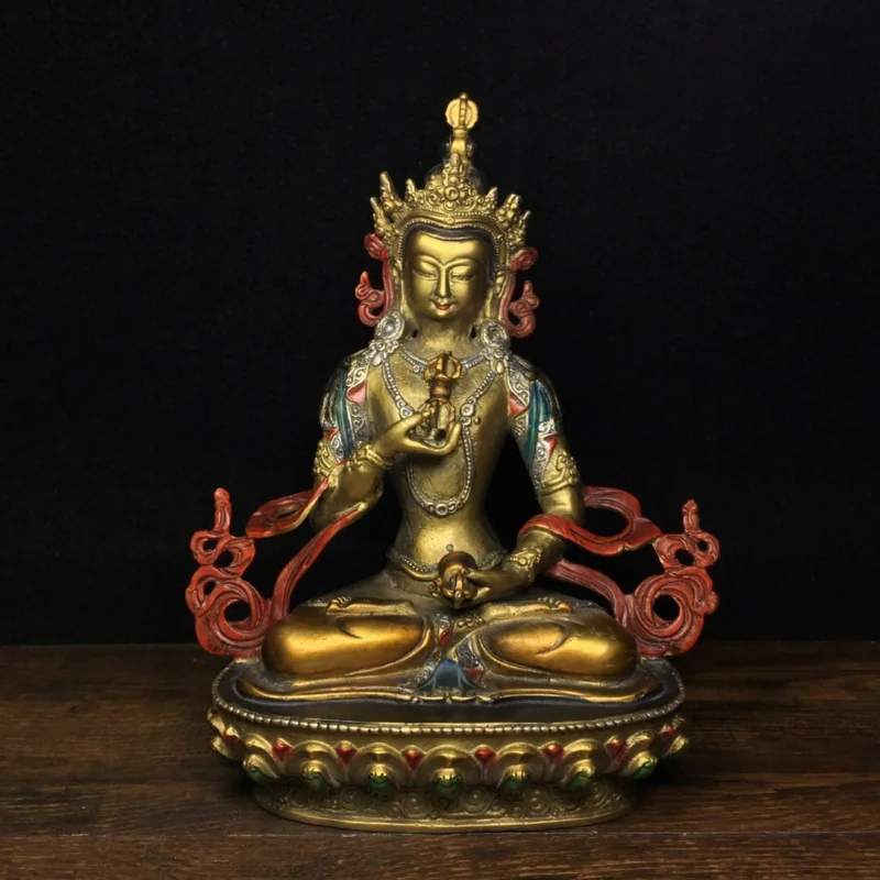 

8.2" old temple tibet dynasty bronze gilt Color painting Vajrasattva statue