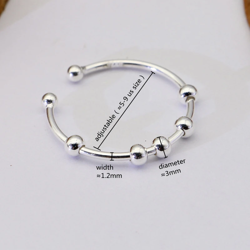 New True 925 Sterling Silver Ladies Men's Free Spin Stress Anxiety Ring Sterling Silver Fidget Beads Adjustable Ring