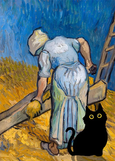 Van Gogh & Monet Inspired Cat Canvas: Starry Night and Sunflowers Wall Art