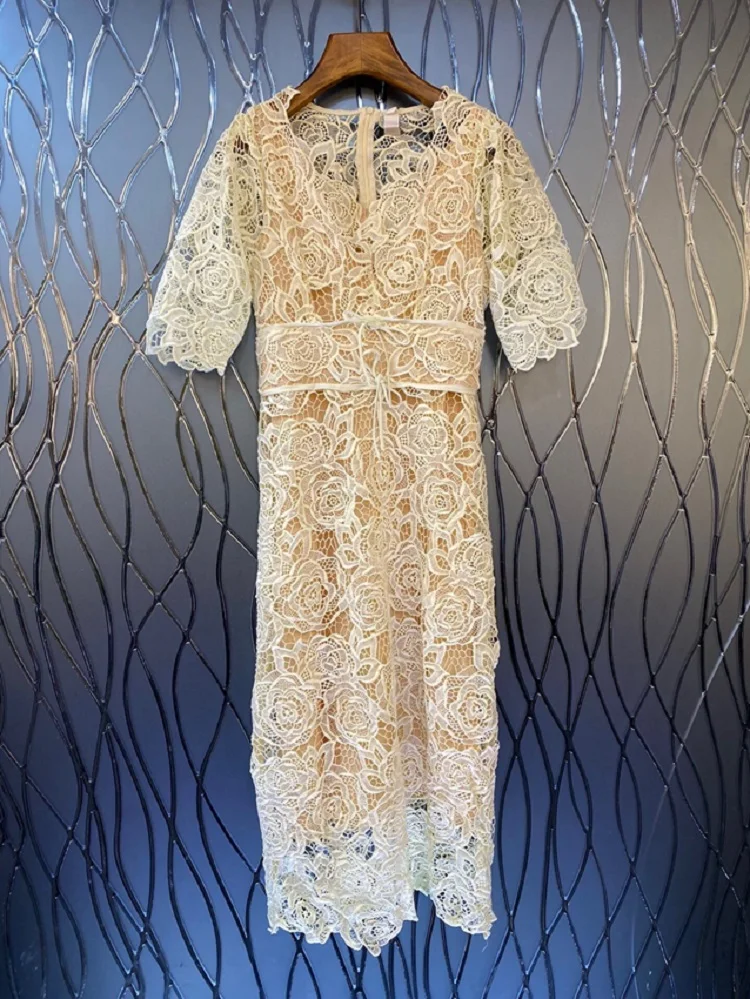 

High Quality Lace Dress 2023 Summer Style Women V-Neck Allover Crochet Lace Embroidery Short Sleeve Midi Bodycon Sheath Dress
