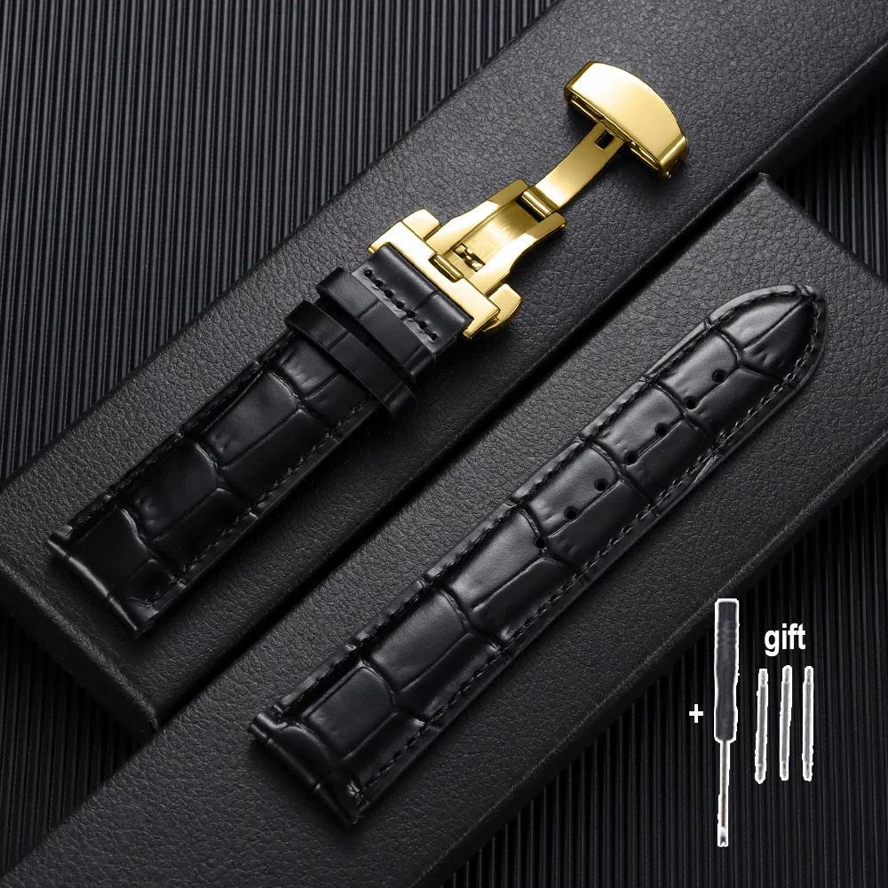 Men's Two-Tone Brown and Black Leather Watch Strap with Butterfly Clasp