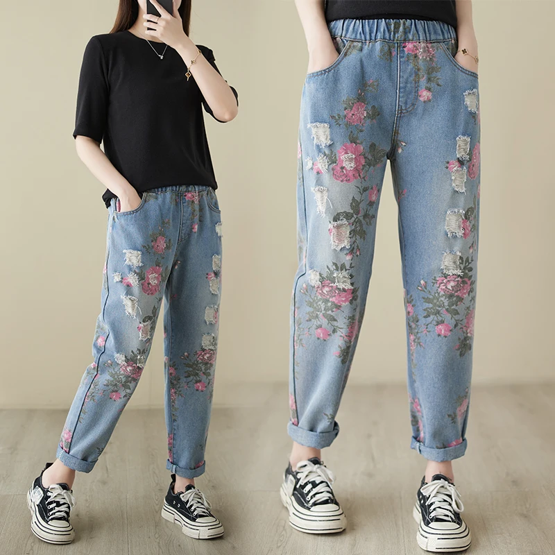 

Floral Printing Women's Vintage Jeans Female Elastic Waist Ripped Hole Casual Slim Fit Denim Pants Ankle Length Harem Trousers