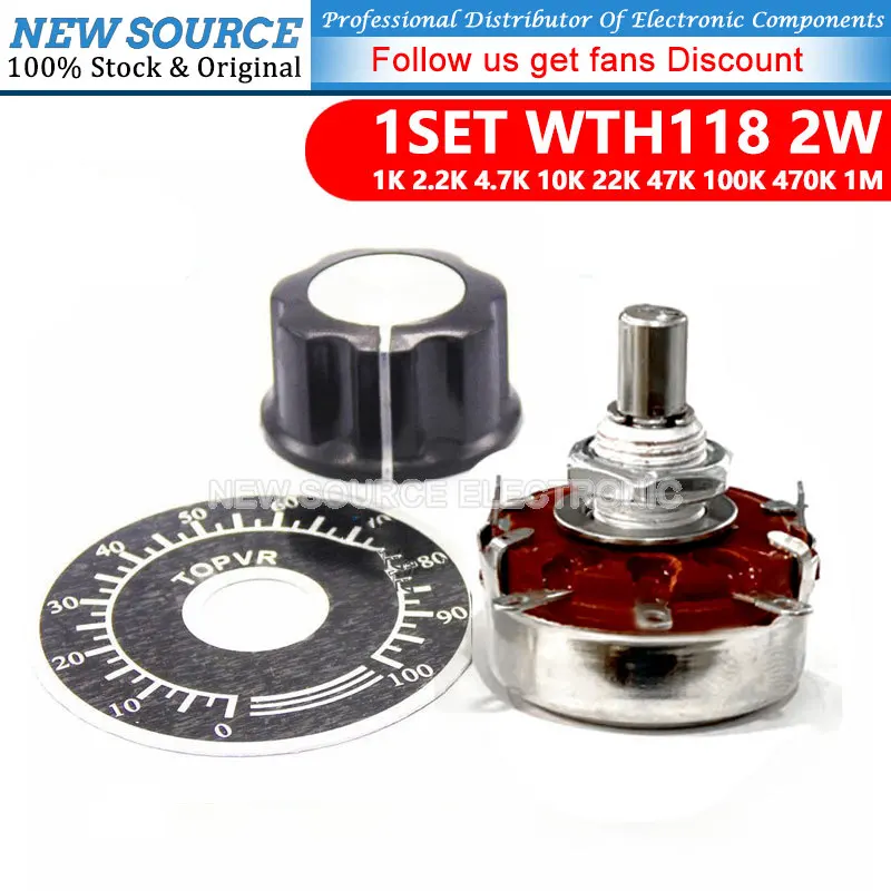 Potentiometer Kit 1 Set = 3PCS WTH118 DIY Kit Parts 2W 1A Potentiometer 1K 2.2K 4.7K 10K 22K 47K 100K 470K 1M MF-A03 + WHT118 + 0-100