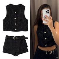 HXAO Women 2024 Black Sleeveless Crop Vest Short Sets 2 piece sets Women Outfit Short Vest Woman Tweed Cropped Vest Coat Suit