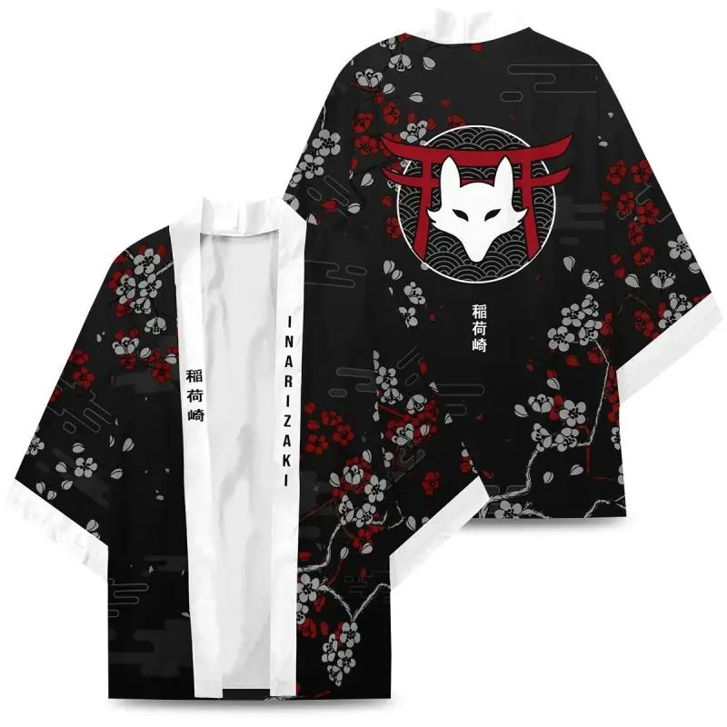 Japanese Inari Fox Print Kimono for Men Women Summer Asian Traditional Costume Yukata Haori Red Floral Cardigan Cosplay Costumes