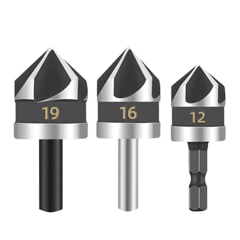 12/16/19mm Woodworking Chamfering Countersunk Head Drill Set HSS Five-blade Slotting Chamfering Countersunk Head Punching Tool