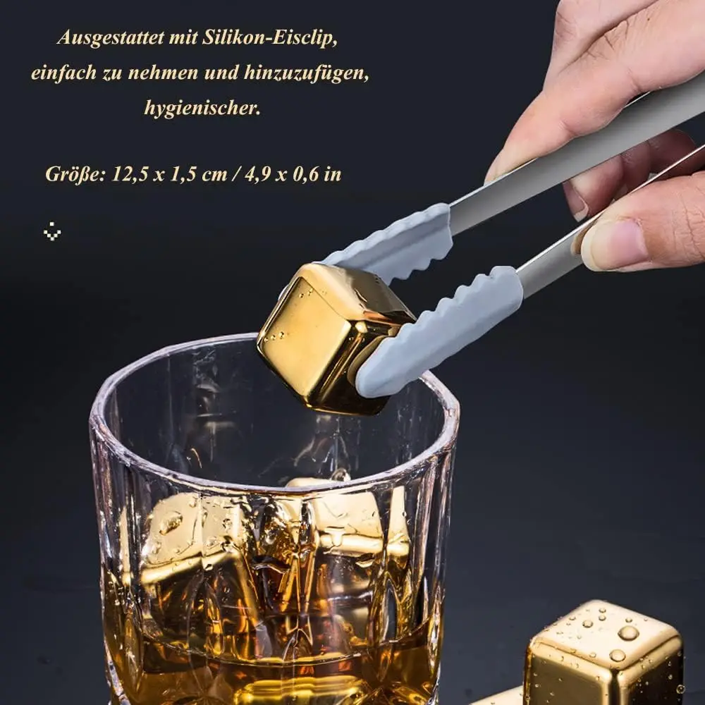 Whiskey Ice Cubes Set Silicone Head Tongs and Ice Cube Trays  304 Stainless Steel Ice Cubes Reusable Gold and Siver