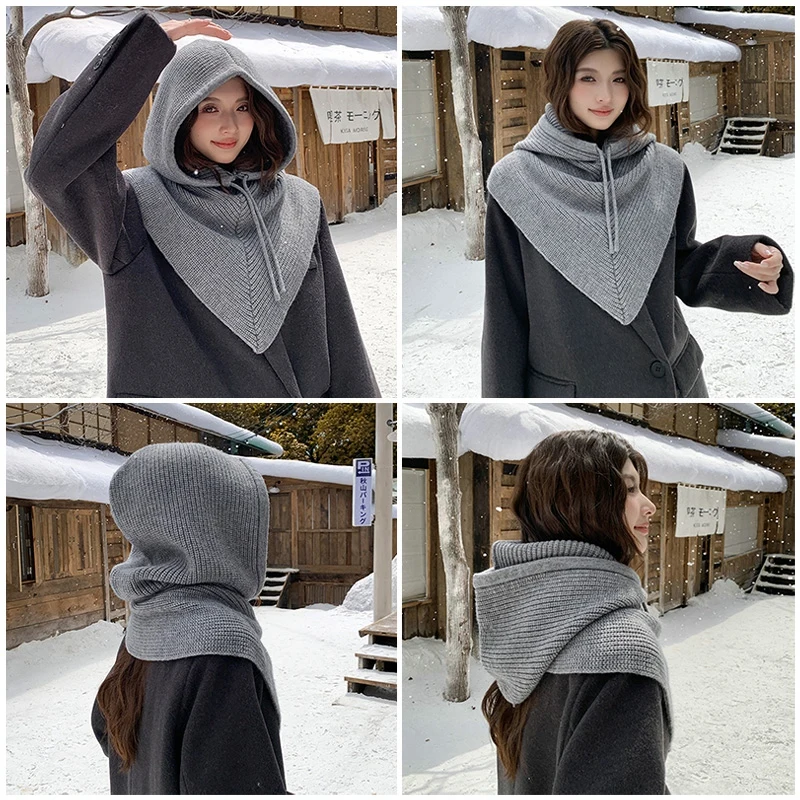 Winter Thermal Balaclava Hat Scarf Knitted Hooded Caps Scarf for Women Snowboarding Cycling Warm Ear Protectors Hats바라클라