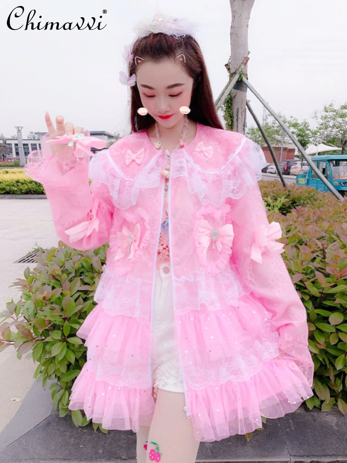 Sun Protection Shirts for Women 2024 Summer Clothes New Sweet Heavy Rhinestone Bow Lace Edge Doll Collar Mesh Stitching Top