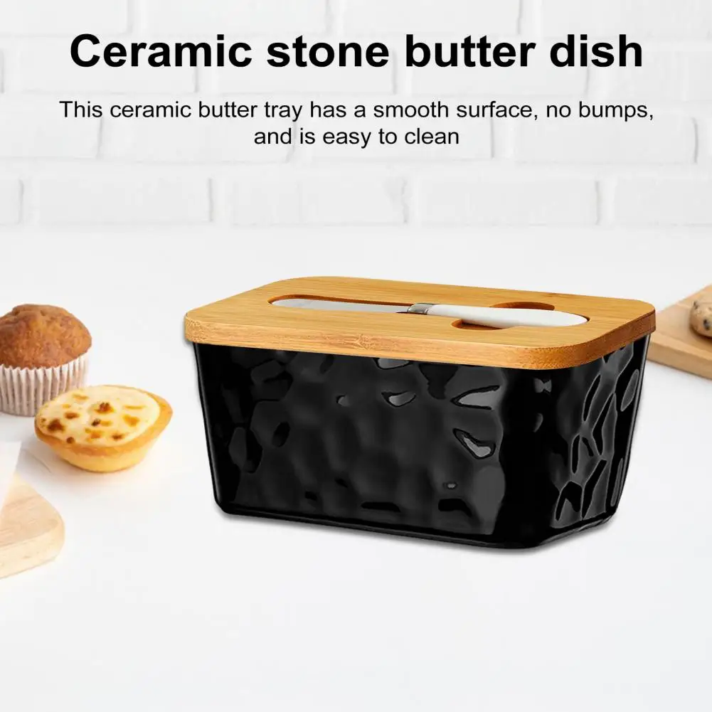 Ceramic Butter Dish Capacity Butter Pan Elegant Ceramics Dish with Wooden Lid Stainless Steel Cutter Capacity for Kitchen