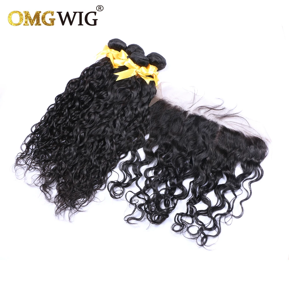 Natural Color Hair Bundles With 13x4 Base Closures Water Wave Brazilian Human Hair Free Part Bleached Knots Transparent Lace