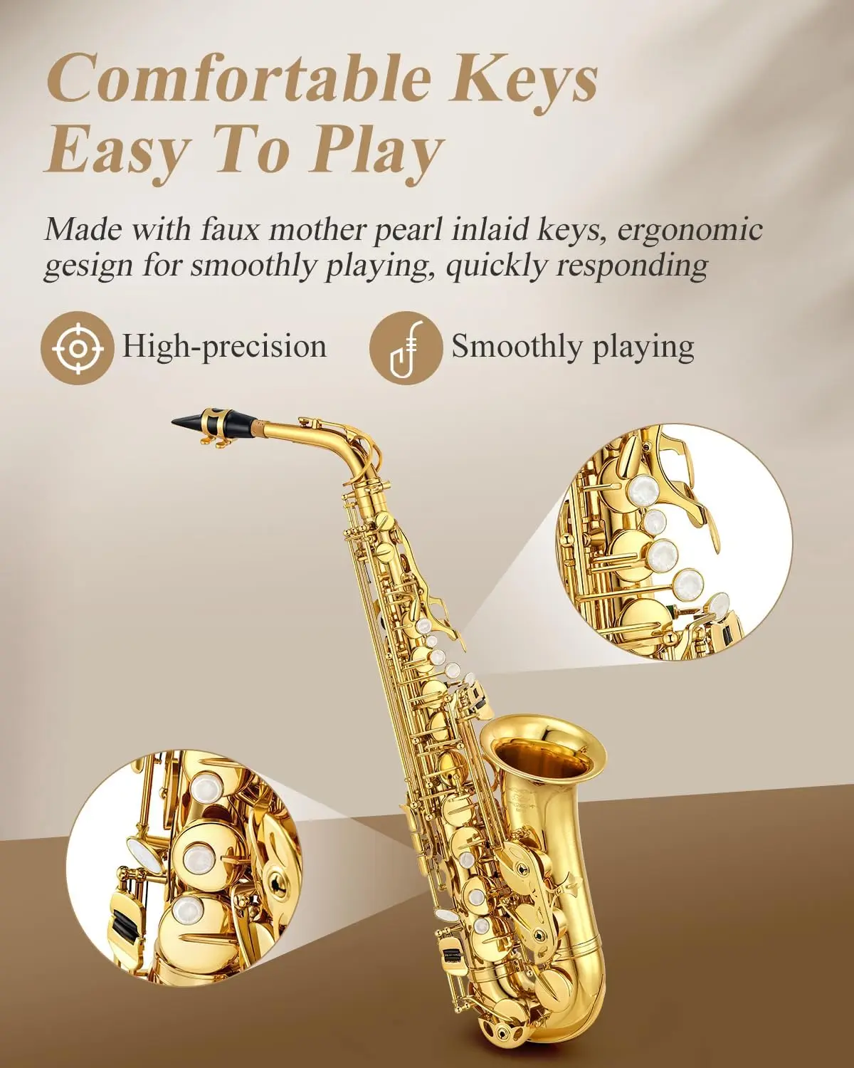 AS-Ⅱ Student Alto Saxophone E Flat Gold Lacquer Alto Beginner Sax Full Kit With Carrying Sax Case Mouthpiece Straps Reeds
