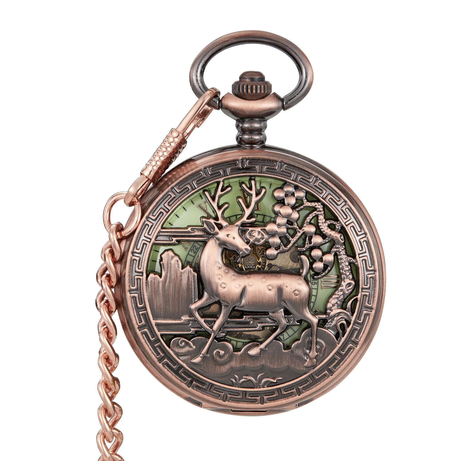 New Animal Machinery Pocket Watch Luminous Pocket Watch  Bronze Necklace Deer Carved Exquisite Clock Watch Fob Christmas Gift