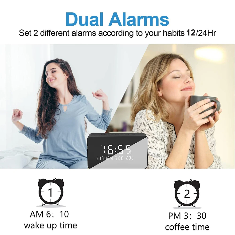 A dual-function alarm clock, featuring two women: one waking up stretching, one drinking coffee, with examples of morning and afternoon alarm settings.