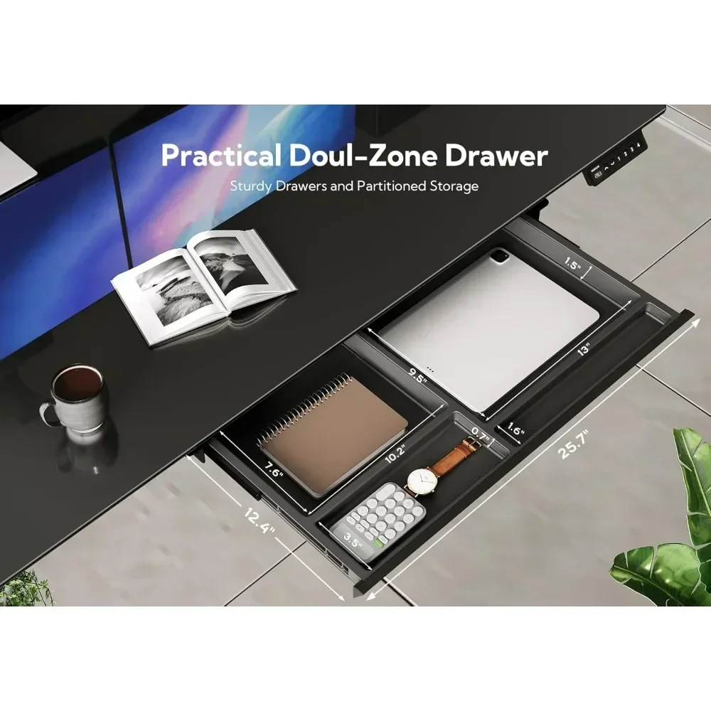 ergonomic black standing desk with storage drawers, 55"x24" height-adjustable desk for home office, easy assembly computer desk