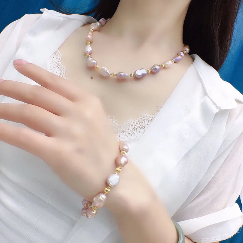 Natural 10-11mm pink purple Freshwater Pearl Necklace Women's Versatile Baroque Bracelet Set Purple Large Particles with Shape