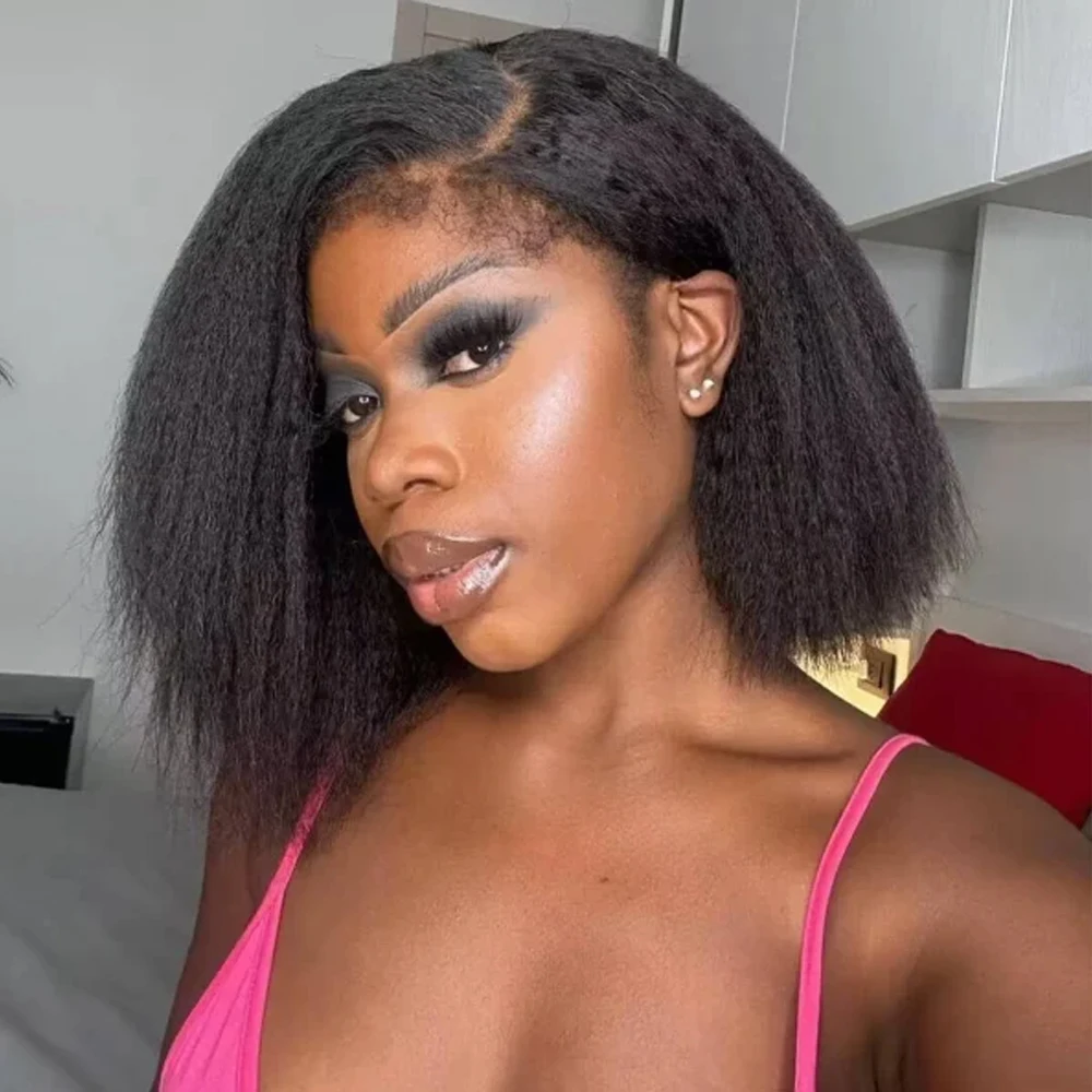 250% Density Short Bob 13x4 HD Lace Front Human Hair Wigs Women Peruvian Kinky Straight Glueless Lace Frontal Wigs Coarse Yaki 2