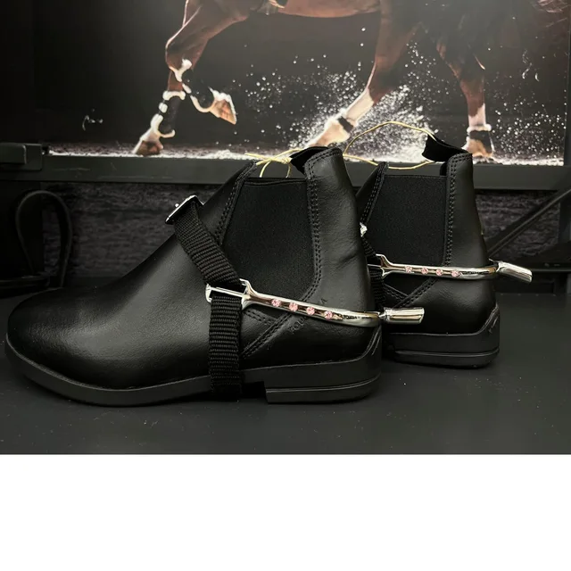 1 Pair English Spurs with Straps for Women Zinc Alloy Chrome Plated Equestrian Spurs Round Spurs with Rhinestone 6