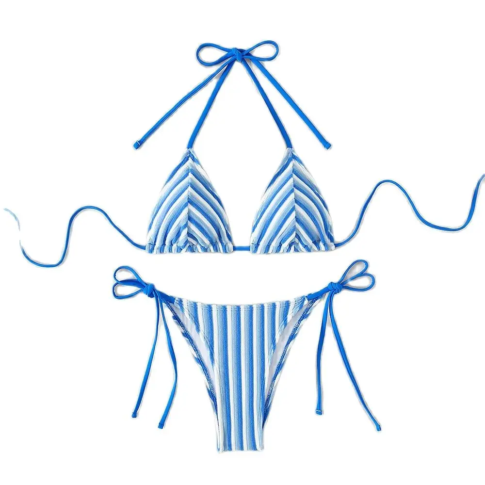 9 Colors New Towel Cloth Halter Neck Tie Up Striped Bikini Swimsuit For Women Summer Beach Vacation Low Waisted Swimwear 2024 1