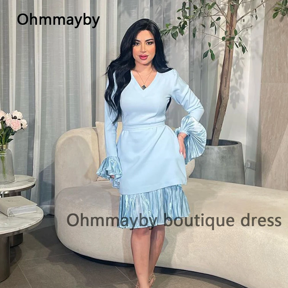 

Sky Blue Mermaid Evening Prom Dresses Long Sleeve V Neck Formal Dress Pleats Satin Arabian Dubai Evening Party Gown Knee Length