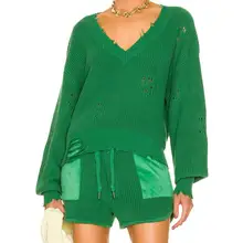  100% Cotton Knit Ribbed Edges Women Pullover Overall Damage Loose v-neck Sweater Long Sleeve Thermal Women's Sweater 