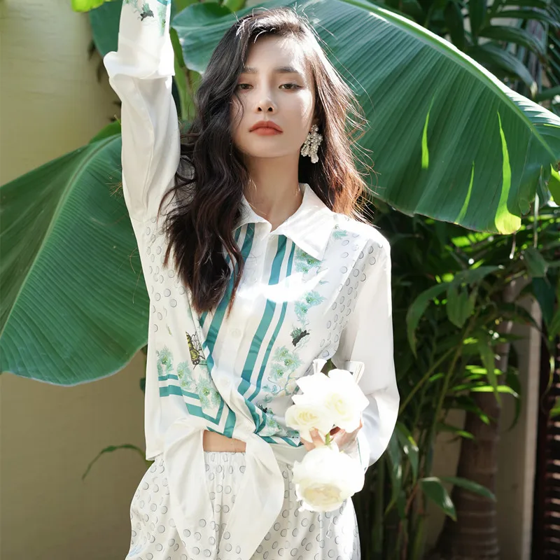 Ice silk pajamas women's new cute pearl bee print long-sleeved two-piece woman pijama set  سكسي نيك  sleep tops