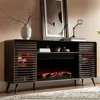 Fireplace TV Stand for 80 Inch TV, Mid Century Modern Entertainment Center with 36" Electric Fireplace & Led Lights, Wo 1