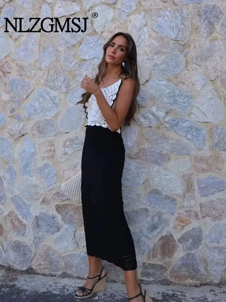 

Nlzgmsj TRAF Summer Autumn New Woman Contrast Midi Long Dress Fashion Sleeveless Vintage Elegant Slim Dresses