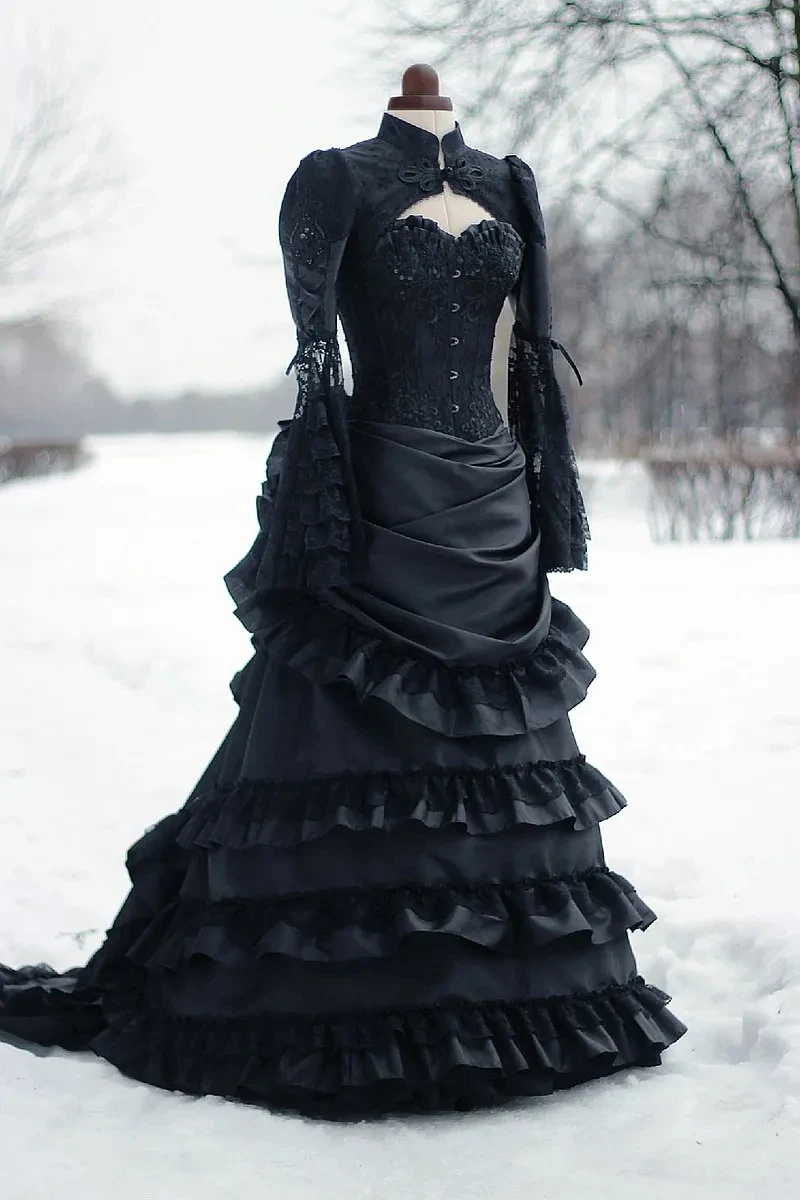 Vintage Plus Size Wedding Dresses Scoop Corset Long Sleeves Medieval Bridal  Gown | eBay