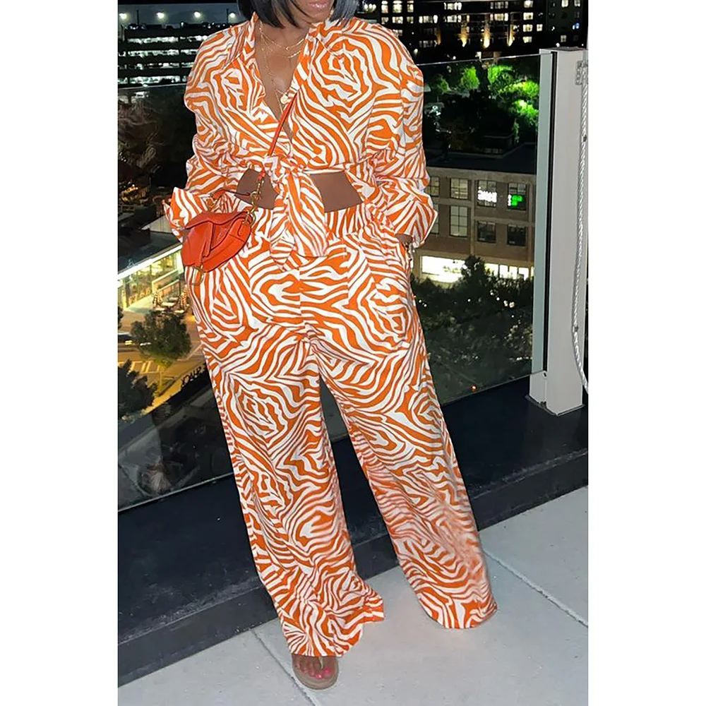 Plus Size Casual Pant Set Orange Lapel Print Long Sleeve Wide Leg Two Piece Pant Sets With Pocket